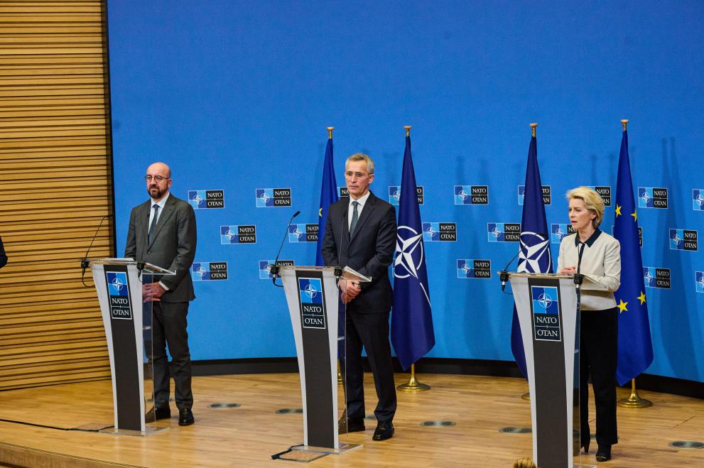 Joint press conference on Russia’s aggression against Ukraine by Jens Stoltenberg, Secretary-General of NATO, Charles Michel, President of the European Council and Ursula von der Leyen, President of the European Commission