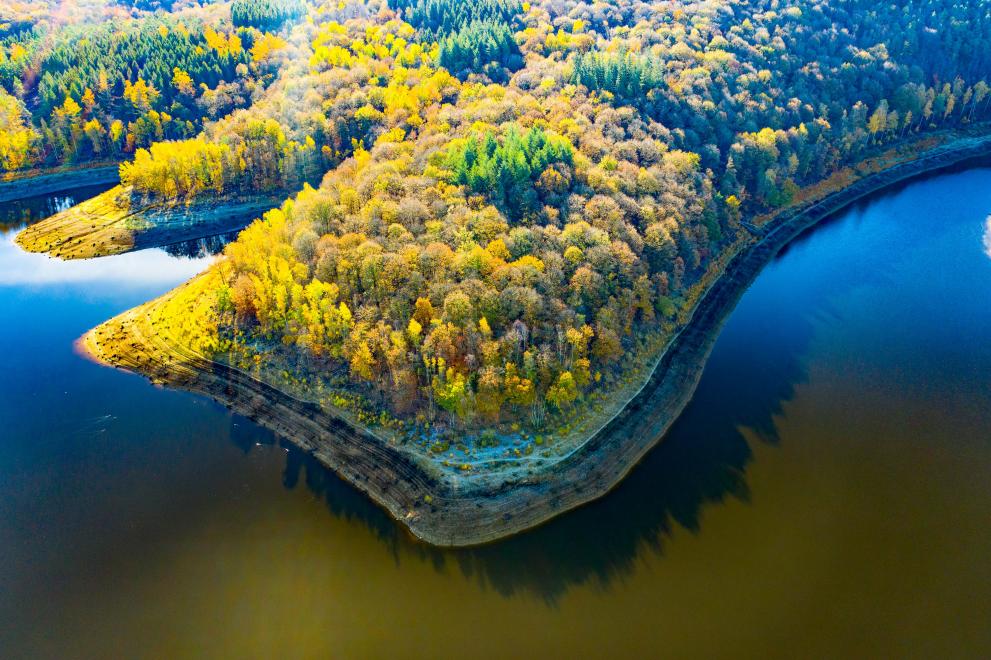 Aerial view of Lake Gileppe near Jalhay, Belgium