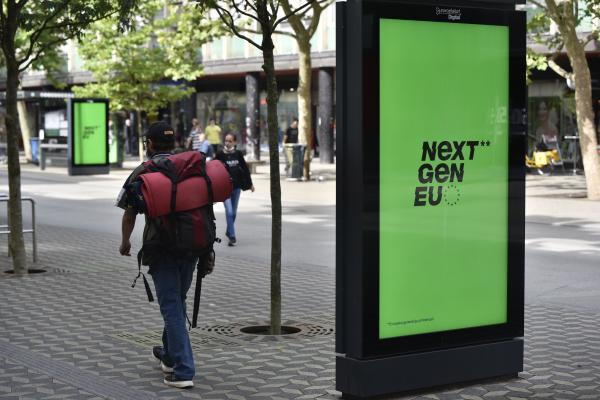 A NextGenerationEU poster in Ljubljana city centre