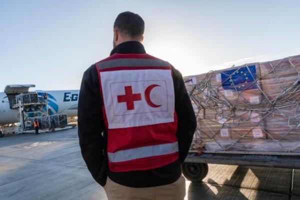 A member of the International Federation of Red Cross and Red Crescent Societies (IFRC) team watching the loading of the humanitarian cargo for the people of Gaza